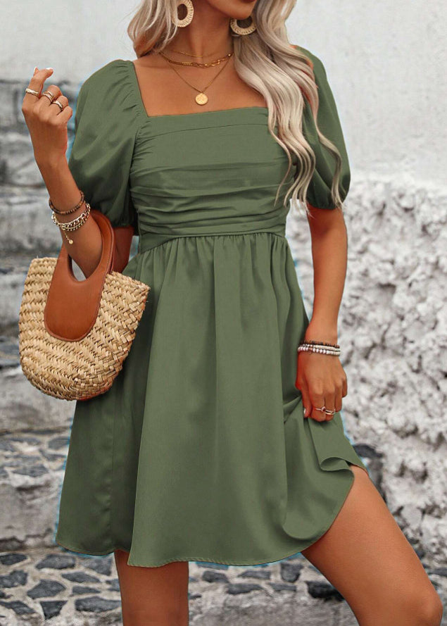 New Pink Square Collar Puff Sleeve Patchwork Cotton Mid Dress