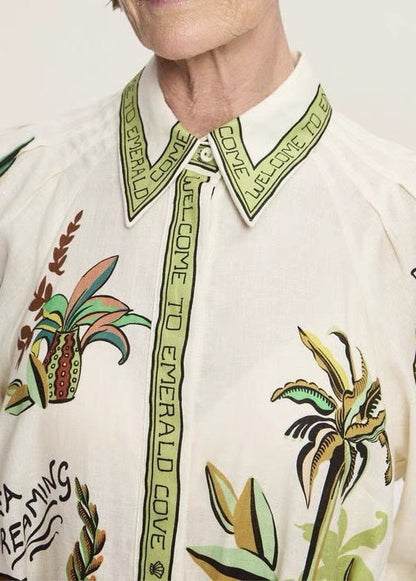 Green Print Pockets Tie Waist Linen Blouses Dresses Spring