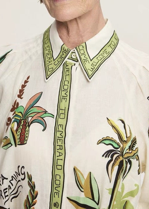 Green Print Pockets Tie Waist Linen Blouses Dresses Spring
