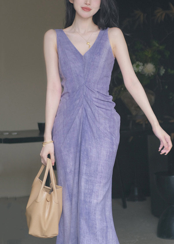 New Purple V Neck Cotton Long Dresses Sleeveless