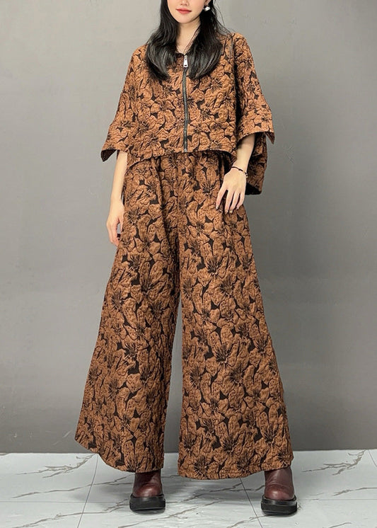 Chocolate Print Zippered Top and Wide Leg Pants Two Piece Set Fall
