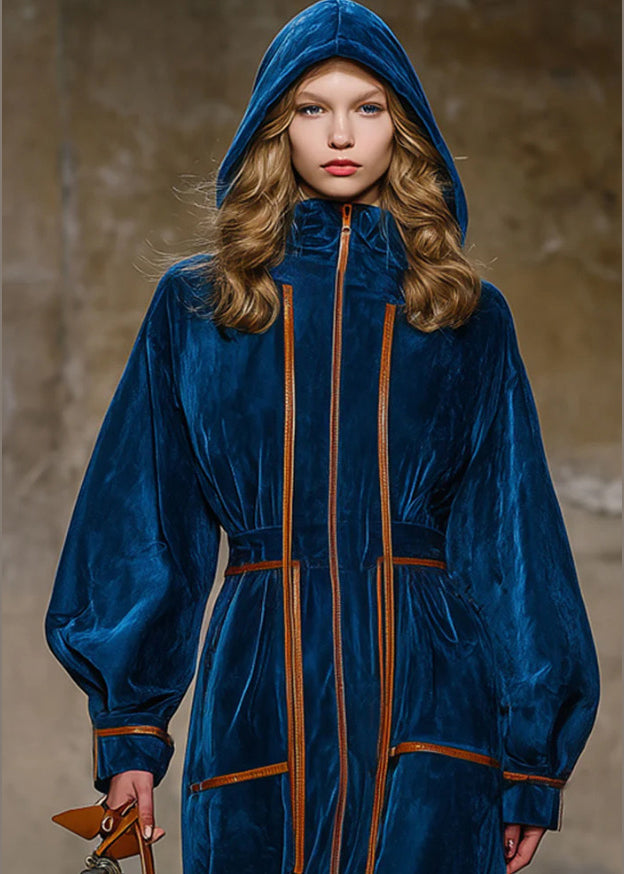 Stylish Blue Hooded Patchwork Velvet Long Coats Fall