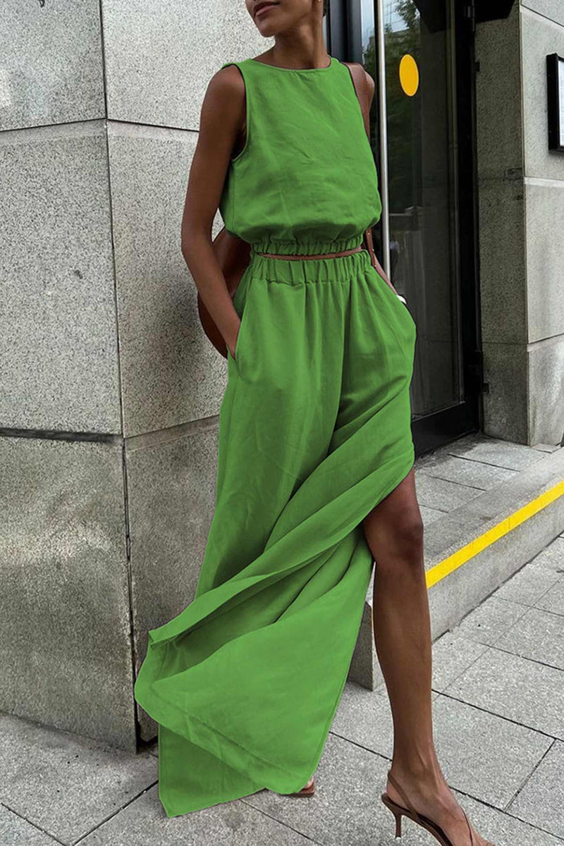 Cotton Linen Tank Top Slit Pants Suits