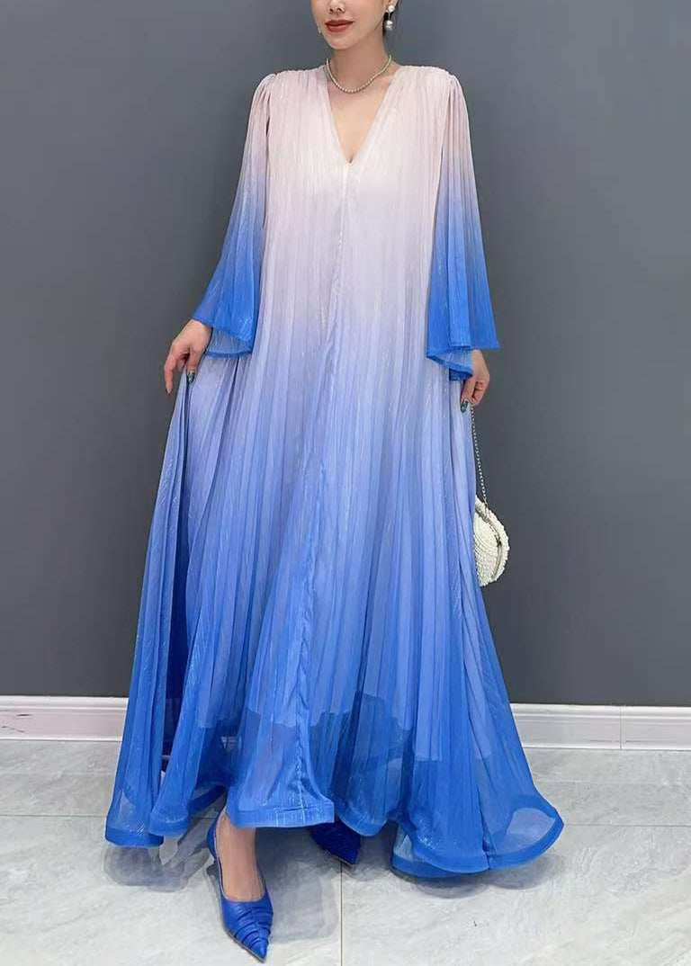 Blue Gradient Color V Neck Wrinkled Long Dress Flare Sleeve