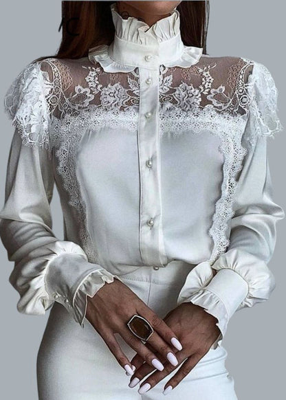 French White Ruffled Lace Tulle Patchwork Chiffon Tops Spring