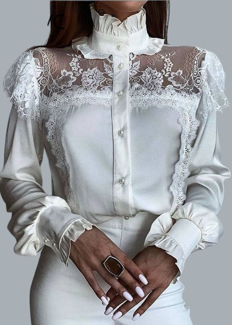 French White Ruffled Lace Tulle Patchwork Chiffon Tops Spring