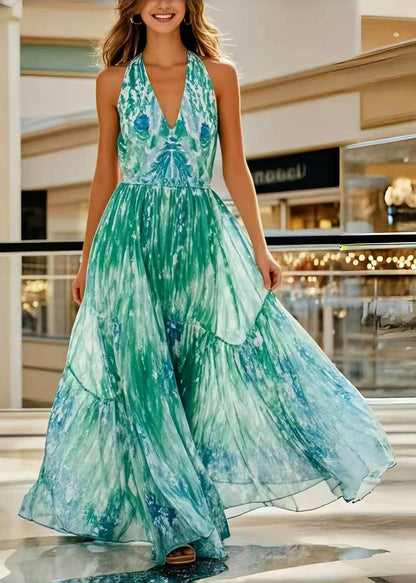 Green Print Exra Large Hem Chiffon Holiday Halter Dress Summer