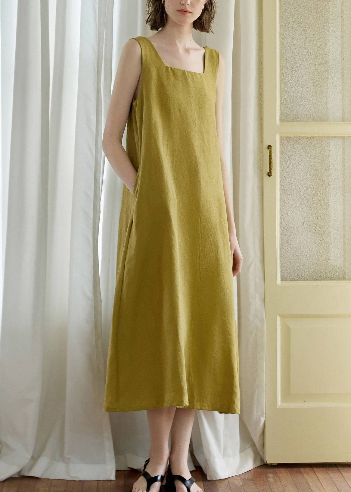 Yellow Green Square Collar Backless Linen Dress Sleeveless