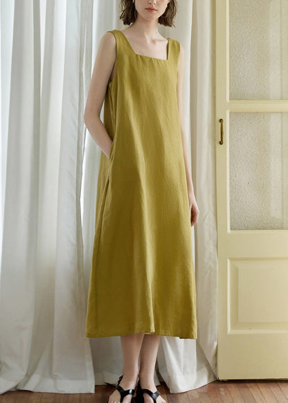 Yellow Green Square Collar Backless Linen Dress Sleeveless