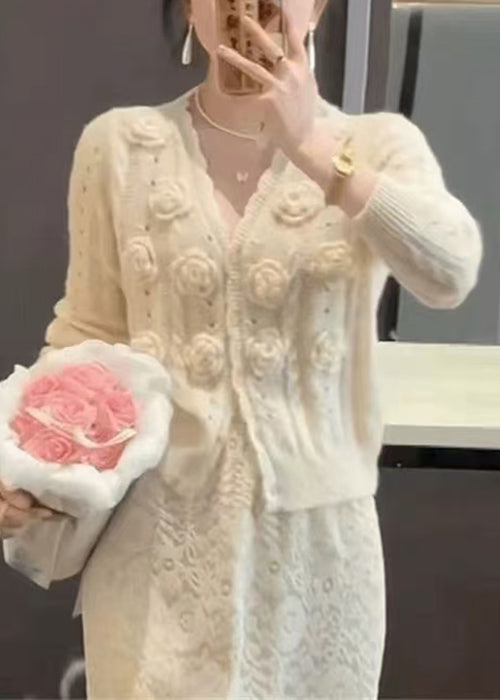 Beige V Neck Hollow Out Knit Cardigans Winter