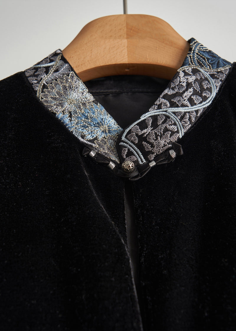Art Black Embroidered Patchwork Silk Velvet Oriental Vests Fall
