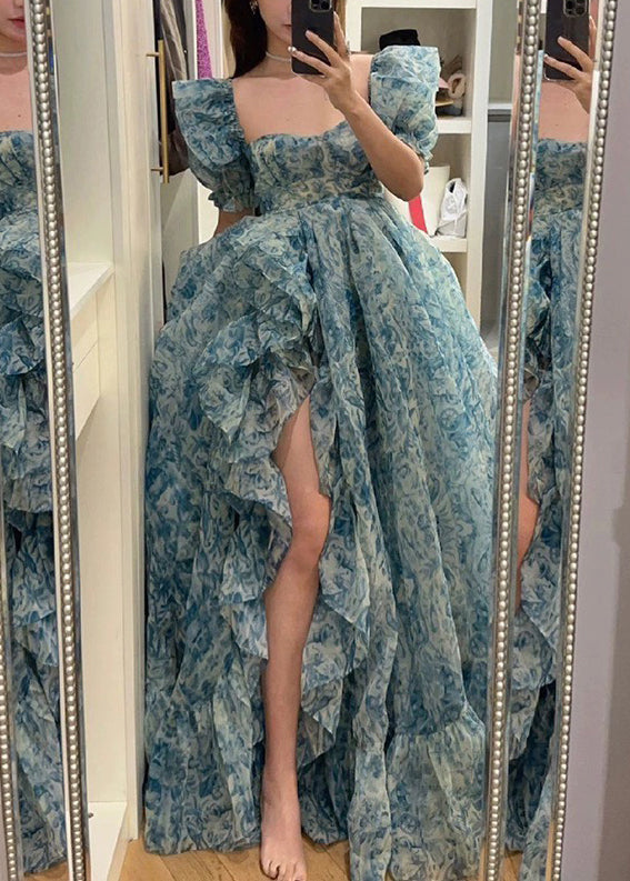 Blue Print Ruffled Side Open Chiffon Maxi Dresses Summer