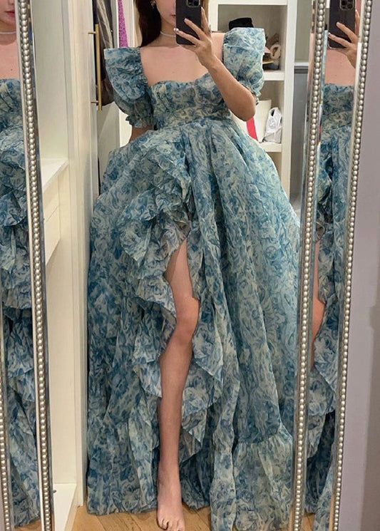 Blue Print Ruffled Side Open Chiffon Maxi Dresses Summer