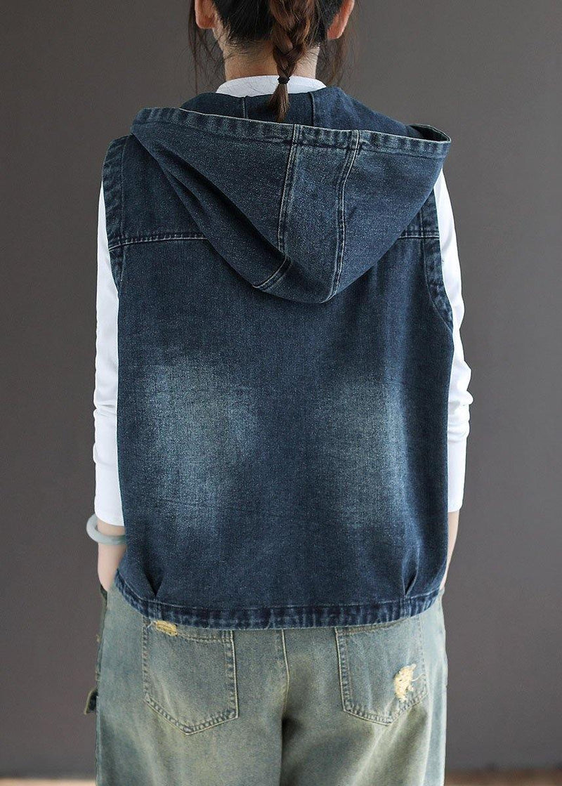 Blue Denim Zippered Pockets Fall Sleeveless Waistcoat