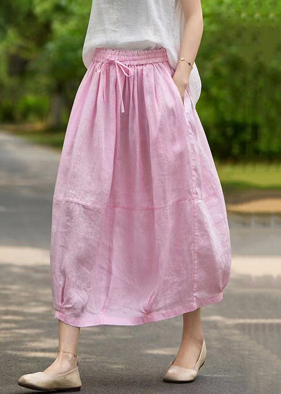 Pink Pockets Elastic Waist Linen Skirt Summer