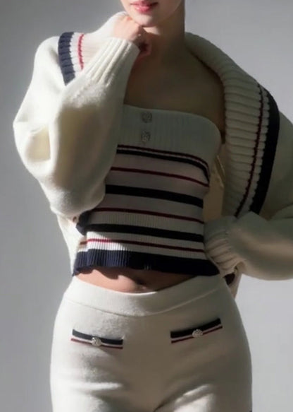 Novelty White Striped Patchwork Cotton Knit Cardigans, Top and Straight Pantstwo Pieces Sets Fall