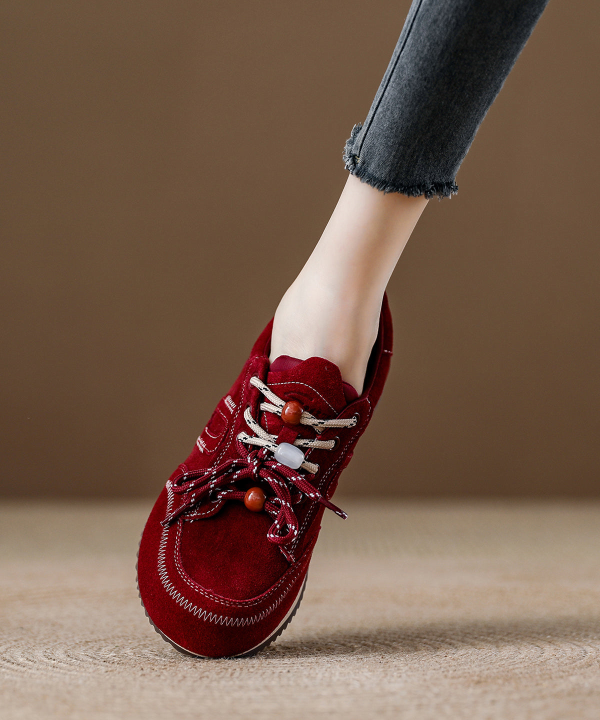 Red Lace Up Platform Suede Splicing Flats