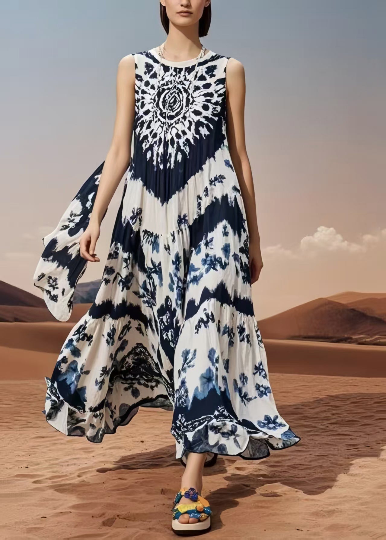 Oversized Print Cotton Vacation Dresses Sleeveless