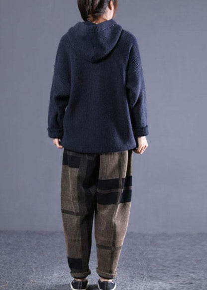 Diy Navy Hooded Loose Fall Knitted Top