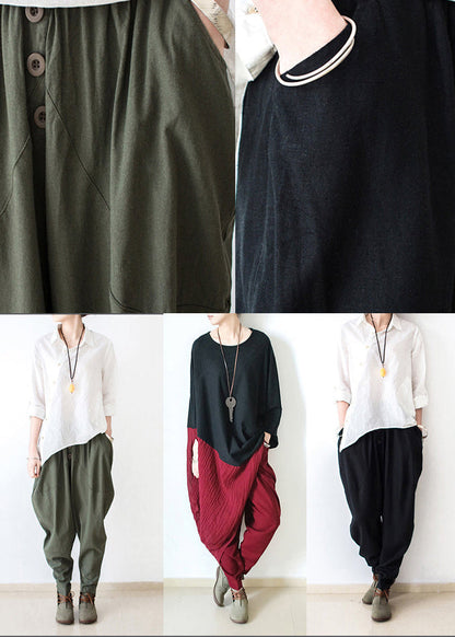 Autumn Tea Green Linen Pants Oversized Cotton Harem Pants Trousers