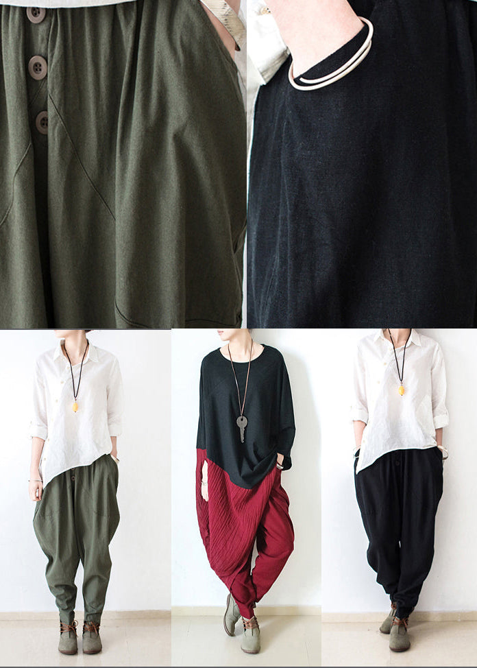 Autumn Tea Green Linen Pants Oversized Cotton Harem Pants Trousers
