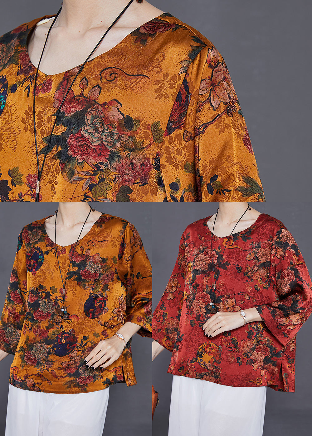 Red Print Loose Silk Shirt Top O-neck Summer