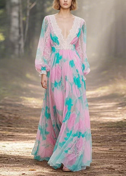 Pink V Neck Lace Print Patchwork Chiffon Ankle Dress Spring
