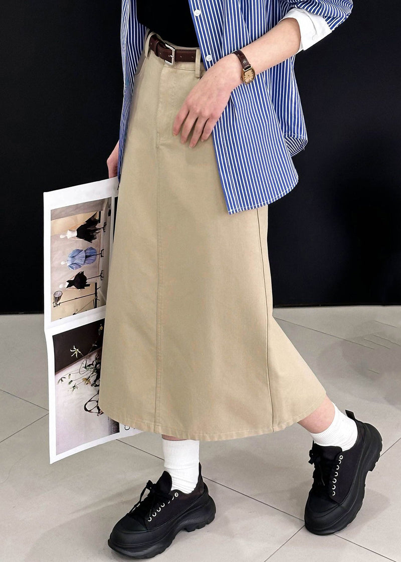 Khaki Side Open Cotton Skirt High Waist