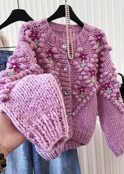 Stylish Purple Embroidered Warm Knit Cardigan Winter
