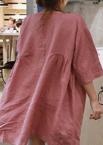 Style Pink Cotton Linen Outfit O Neck Cinched a Line Summer Dresses