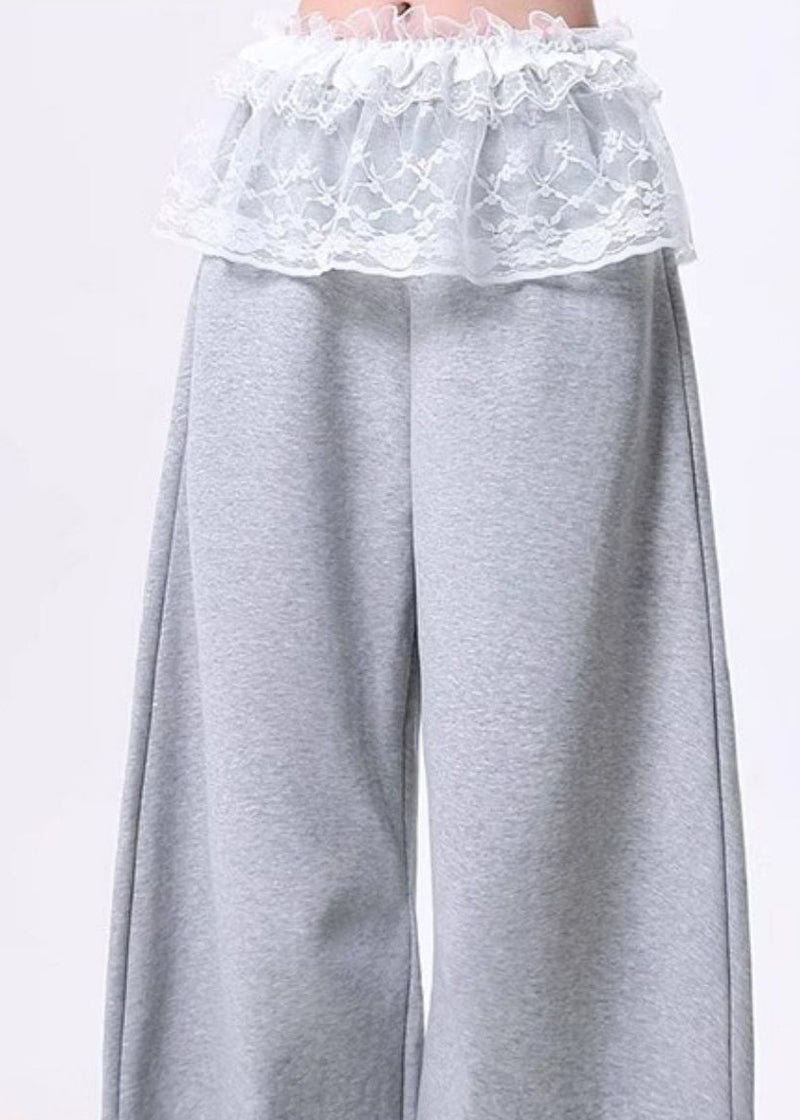 Grey Oversized Patchwork Lace Cotton Wide Leg Pants Spring