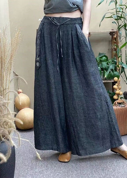 Grey Elastic Waist Drawstring Pockets Linen Wide Leg Pants Summer