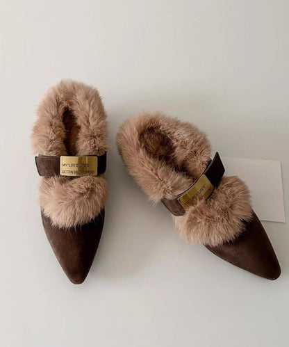 Brown Suede Splicing Chunky Heel Fuzzy Wool Lined Pointed Toe