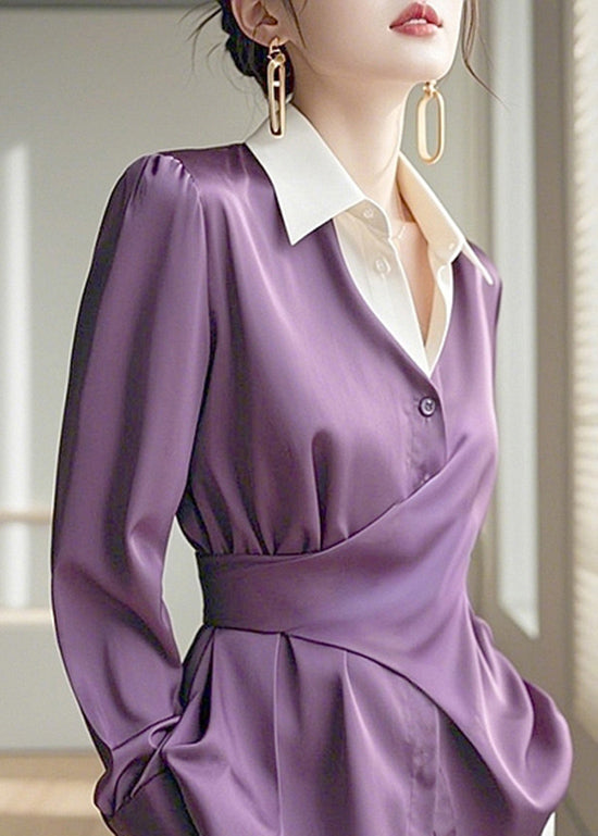 Purple Peter Pan Collar Asymmetrical Design Silk Shirts Spring