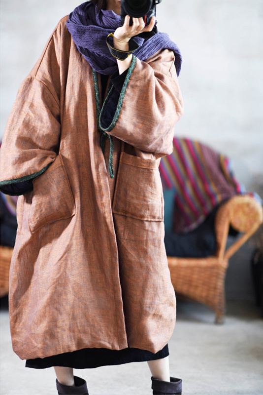 -retro Coffee Large Pocket Cardigan Cotton Linen Trench Coat