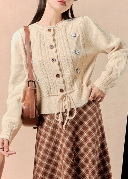 Beige Button Lace Up Knit Sweater Winter