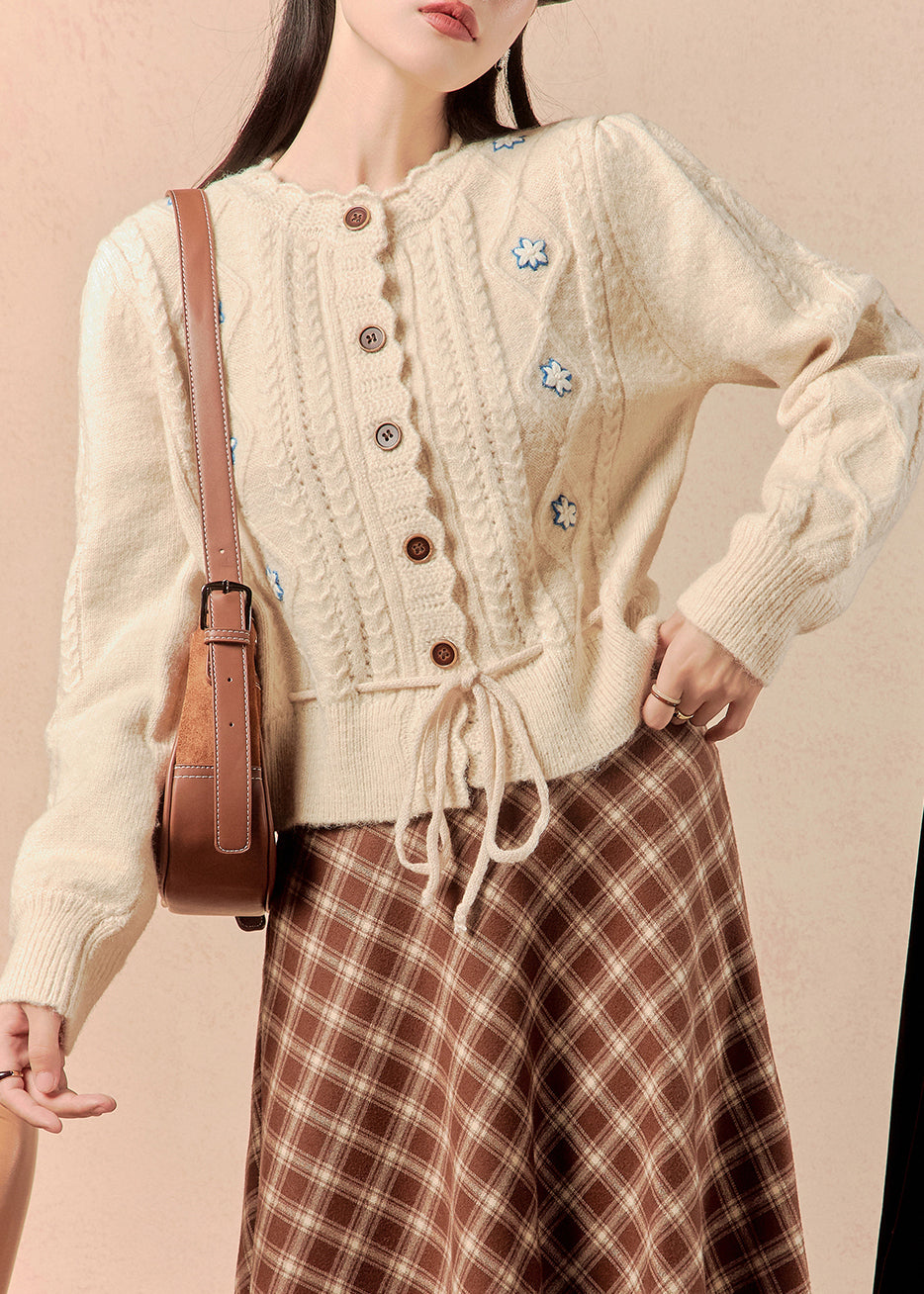 Beige Button Lace Up Knit Sweater Winter