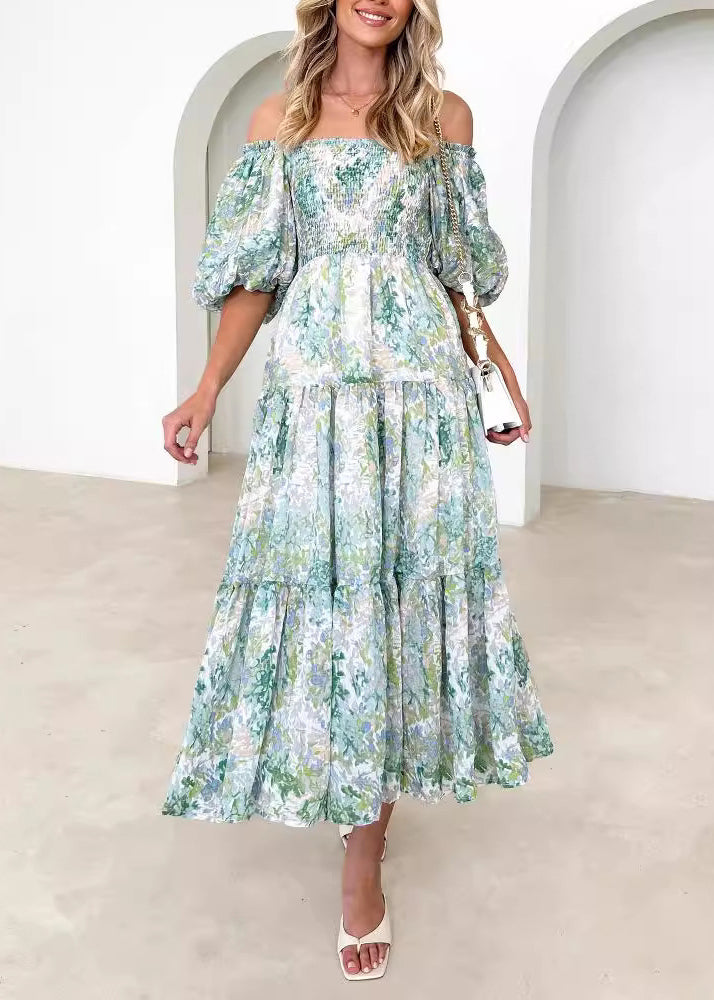Holiday Style Green Puff Sleeve Print Wrinkled Cotton Maxi Dress