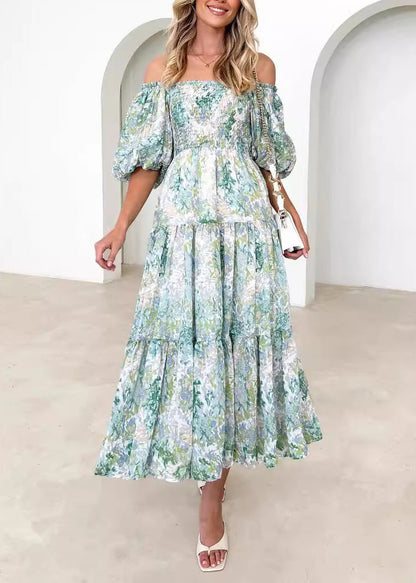 Holiday Style Green Puff Sleeve Print Wrinkled Cotton Maxi Dress