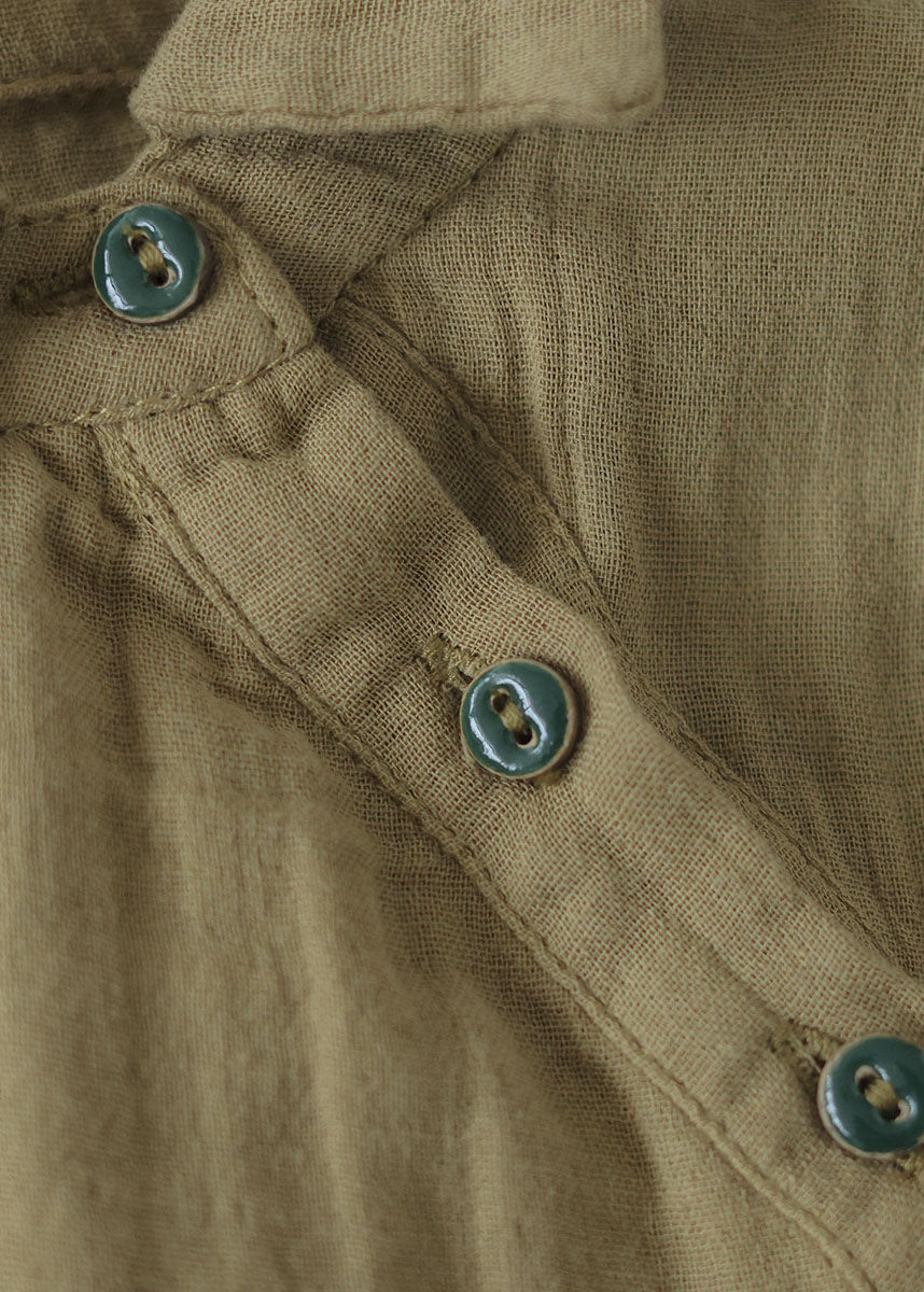 Khaki Button Peter Pan Collar Asymmetrical Design Cotton Tops Long Sleeve