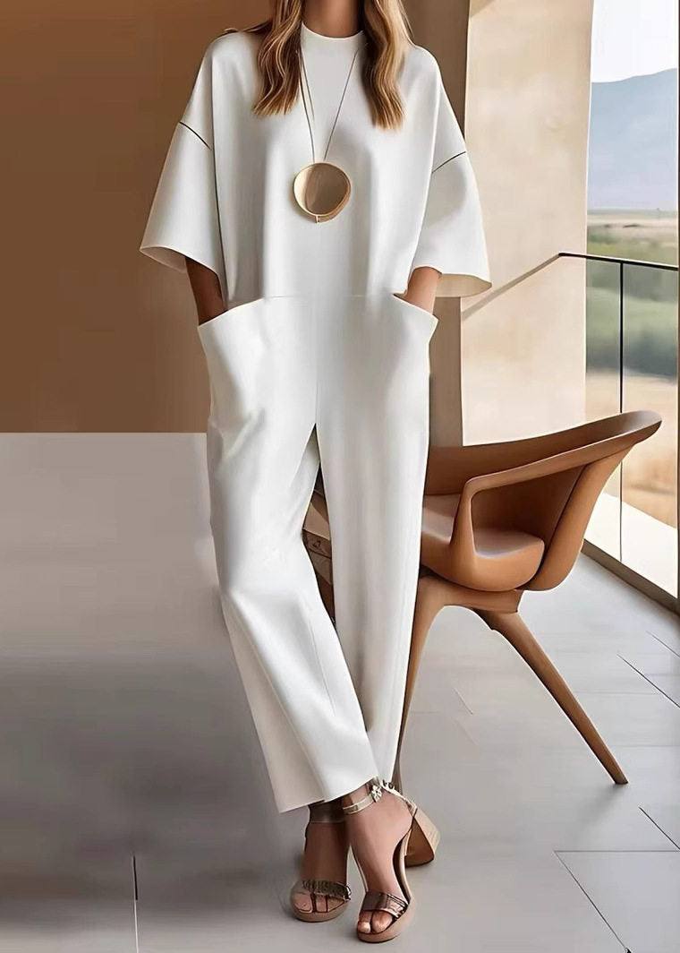 Style White O-neck Patchwork Pockets Jumpsuits Half Sleeve