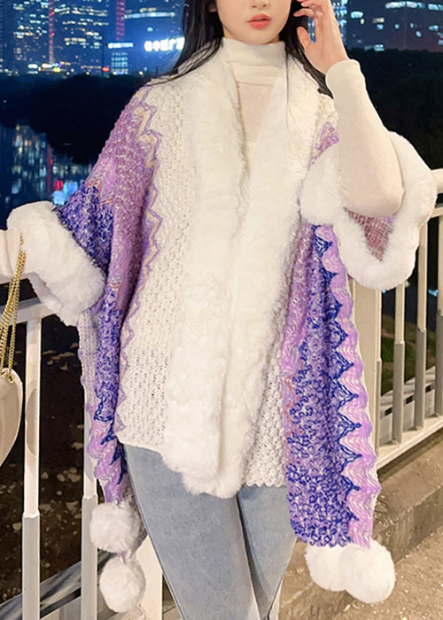 Purple V Neck Fuzzy Ball Patchwork Knit Cape Coats Spring