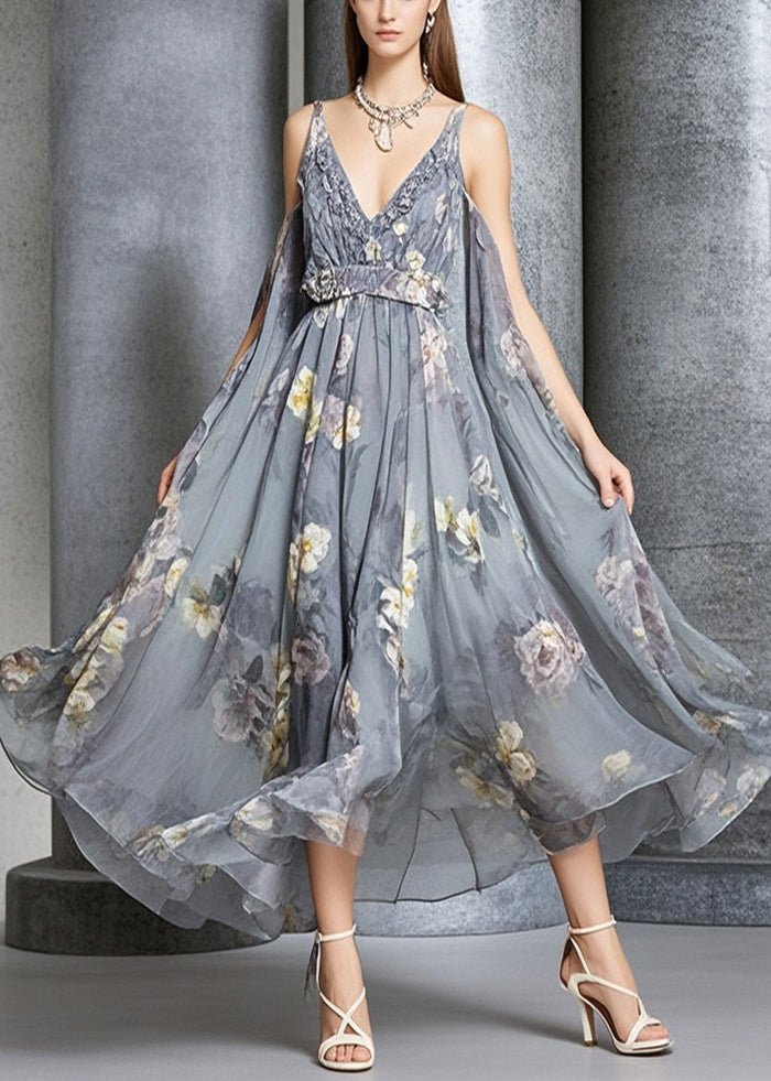 Grey Oversized Print Chiffon Cami Dress Summer