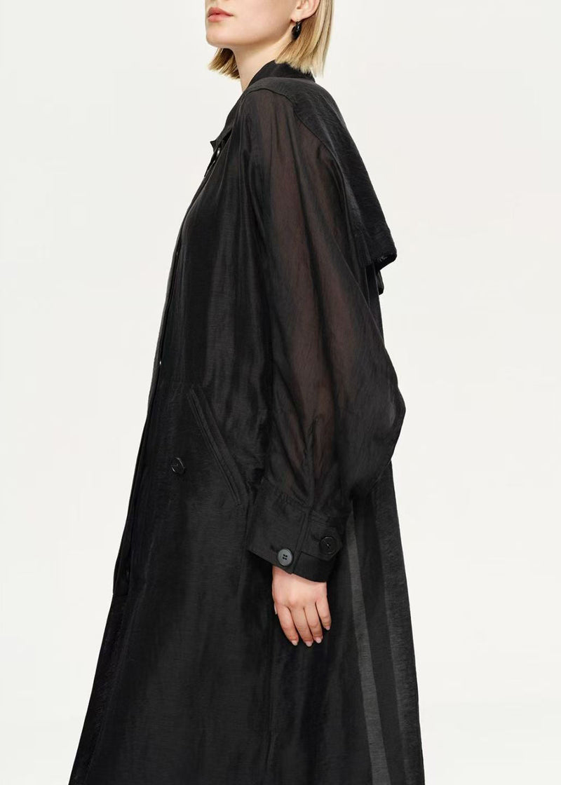 New Black Button Pockets Linen Silk Long Trench Coat Batwing Sleeve