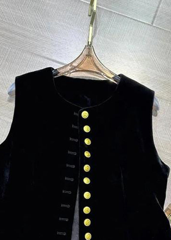 Black O-neck Button Silk Velour Waistcoat Sleeveless