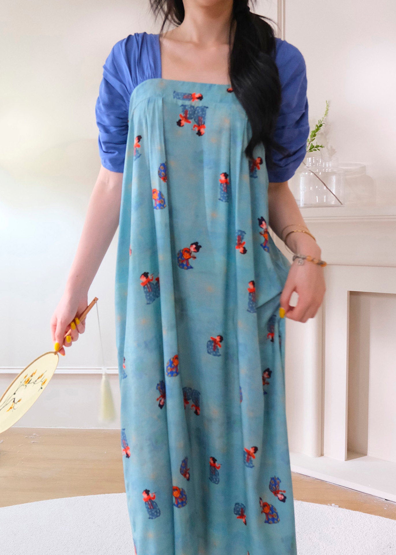 Brief Blue Square Collar Print Long Dresses Pajama Short Sleeve