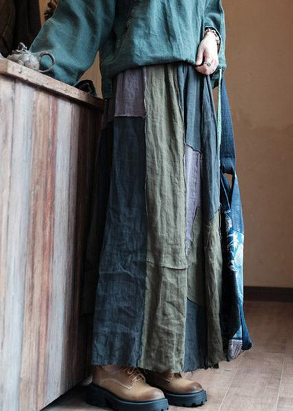 Asymmetrical Patchwork Elastic Waist Linen a Line Skirt Summer