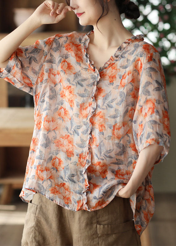 Orange Ruffled Print Patchwork Linen Blouses Summer