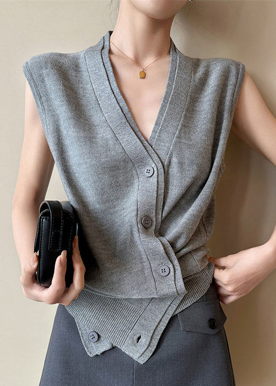 Grey V Neck Button Knit Vest Sleeveless