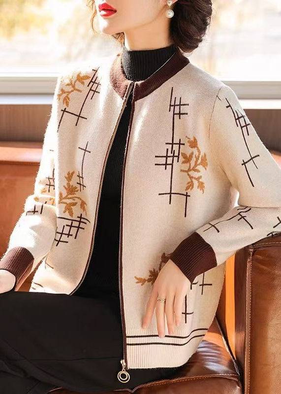 Coffee Zip Up Print Knit Coats Fall